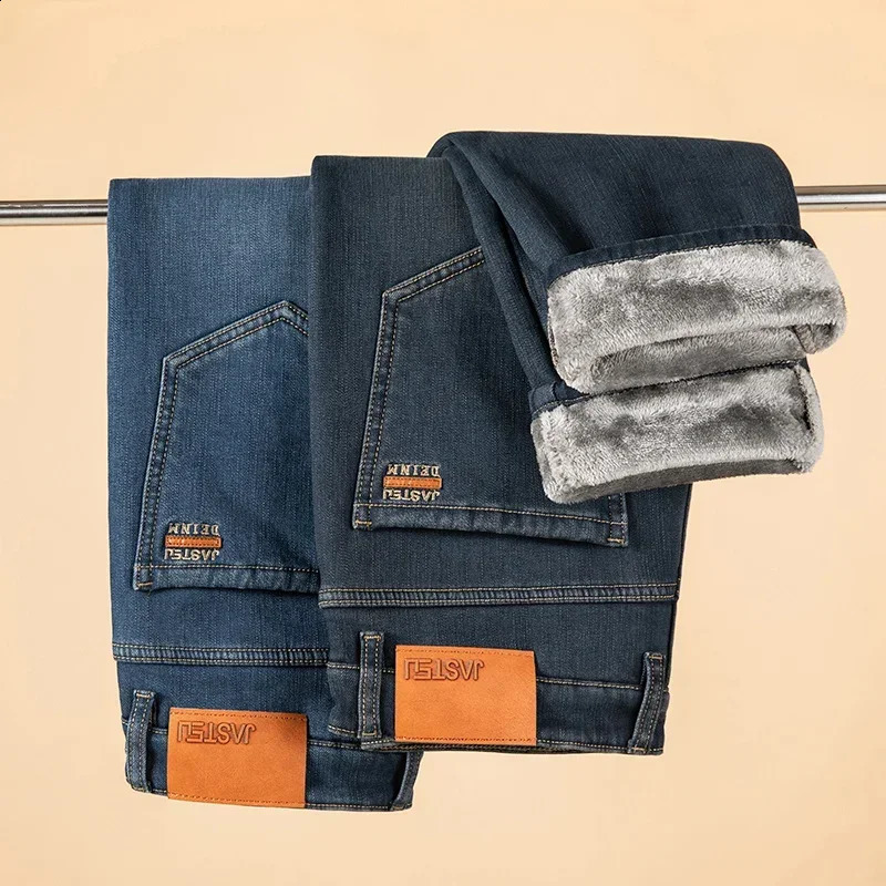 Winter Brushed Jeans Men Fashion Flannel Thickened Straight Elastic Pants Slim Retro Male Clothing Denim Trousers 240826Z