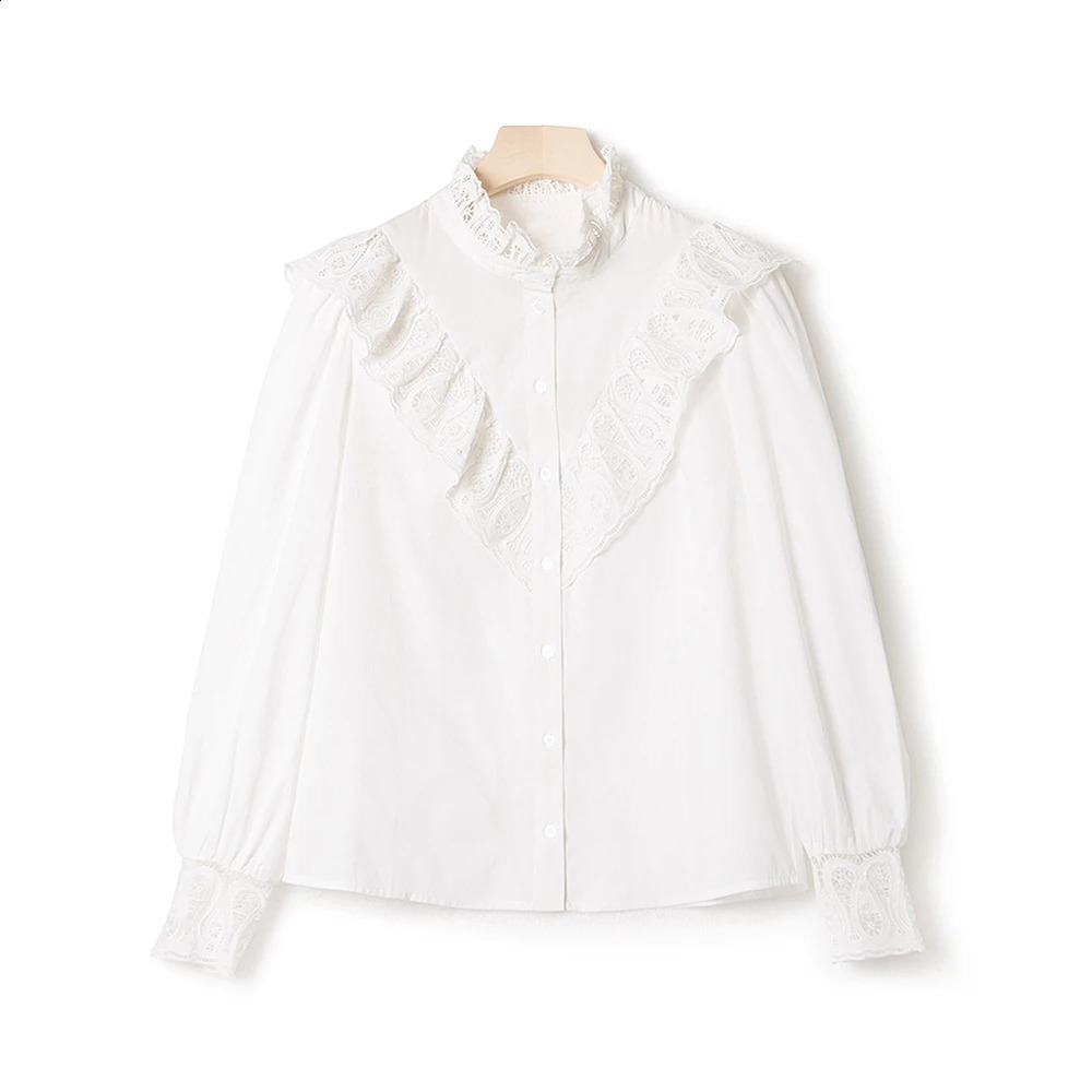 ZESSAM Lace Embroidery Women Shirt Long Sleeve Hollow Out Button Ruffle Cardigan Vintage Classic Casual Lady Top 240827