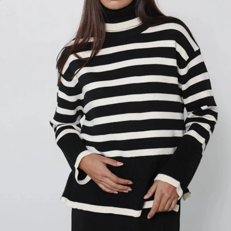 Fashionable Polo Turtle Neck Flare Sleeve Black White Stripe Knit Pullover Sweater Thickened Streetwear For Men Women 240829