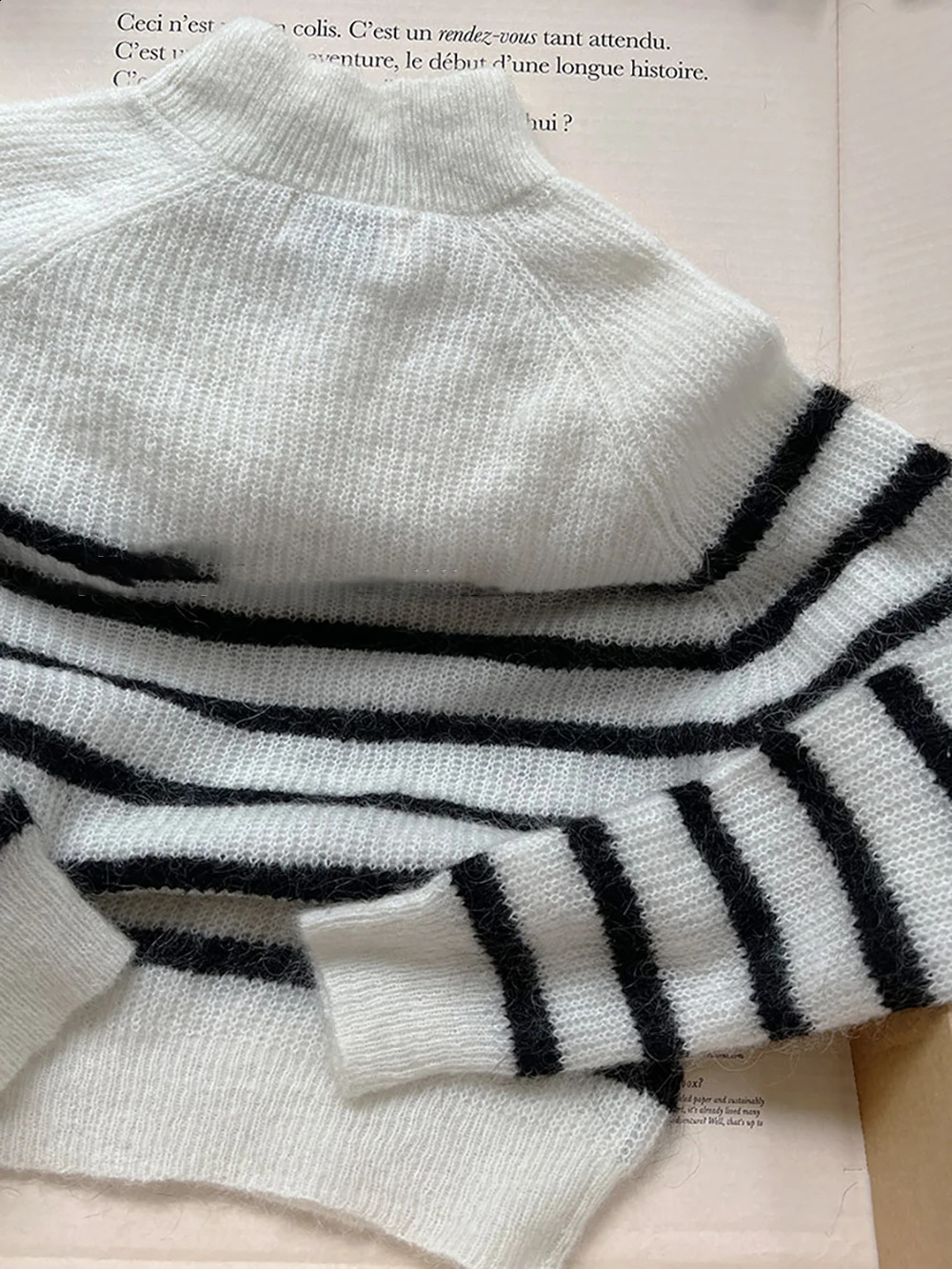 ZESSAM Stripe Jacquard Knit Pullover Half Turtleneck Long Sleeve Button Loose Female Sweater Casual Cozy Lady Top 240827