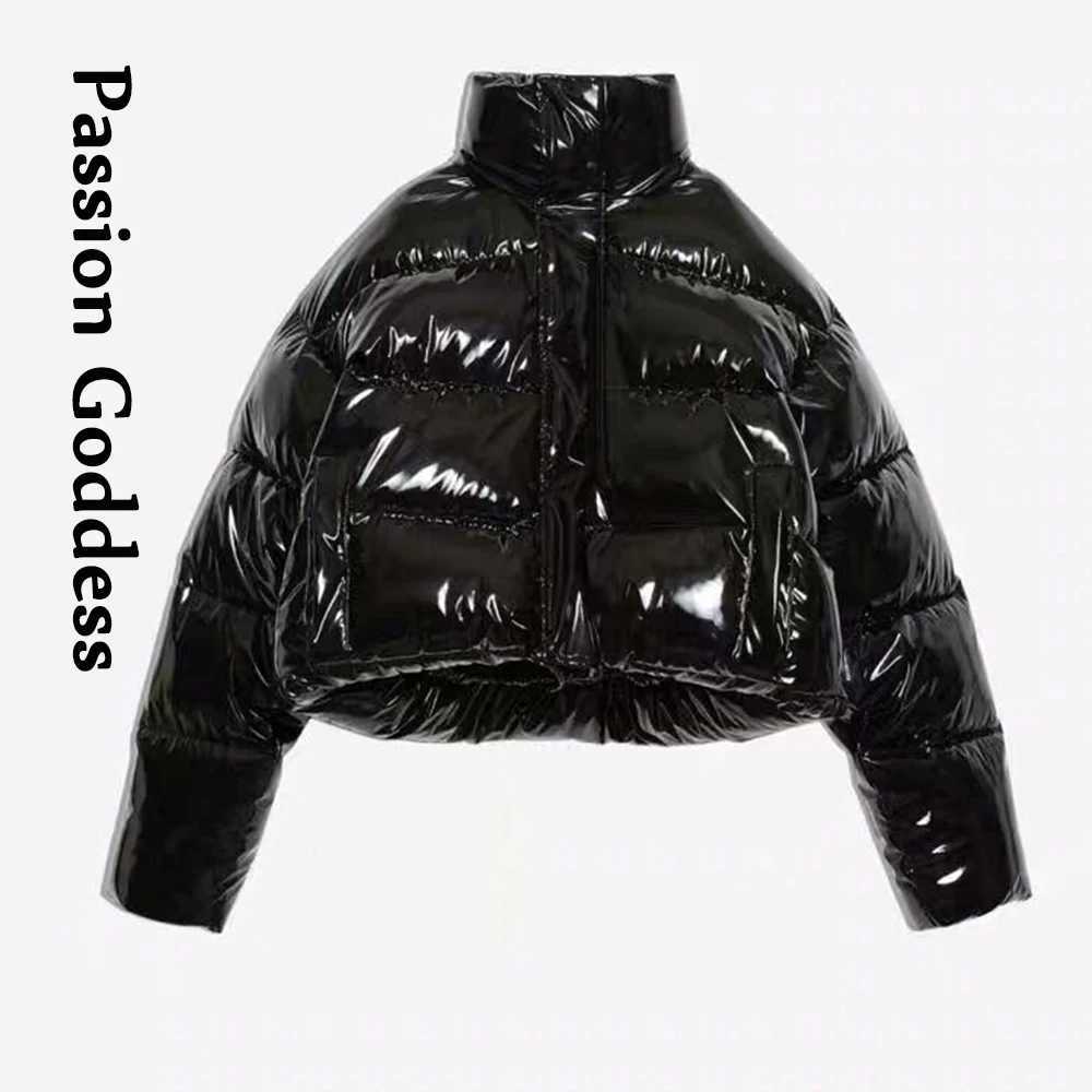 Women's Down Parkas Winter Women Bright PU Puffer Jacket Thick Bubble Coat Zipper Glossy Leather Down Parka Outerwear Stand Collar Loose Jacket Y