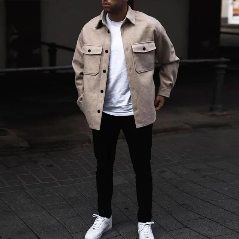 Mens jacket autumn winter youth casual wool coat long sleeved single chest pocket jacket cardigan mens top 240829