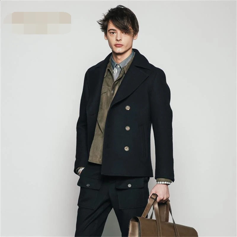 Mens business jacket with double corset for autumn/winter warm and slim fit short wool jacket with a lapel collar 240829
