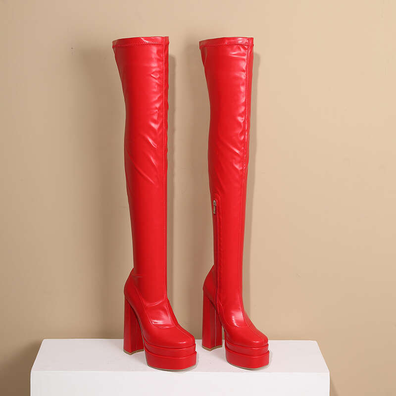 Square Toe Super High Three-Layer Platform Fashion Women's Over The Knee Thick Heel Side Zipper Slip-On Plush Ing Boots