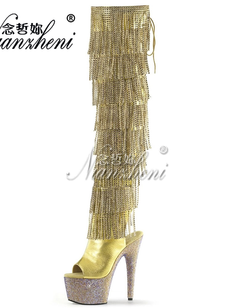 Gothic Exotic Heels 17cm Platform Boots Fringe Party Sexy Fetish Shoes Women Gothic Strip Pole Dance Models Nightclub Rhinestone