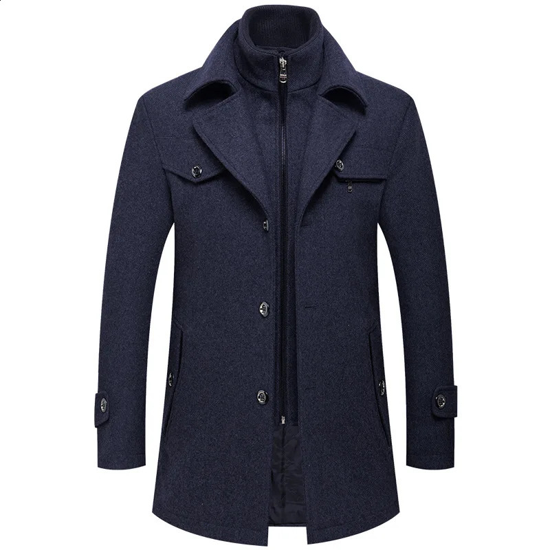Winter mens slim fit wool trench coat fashion mid length coat mens double neck zipper solid color casual wool coat 240829