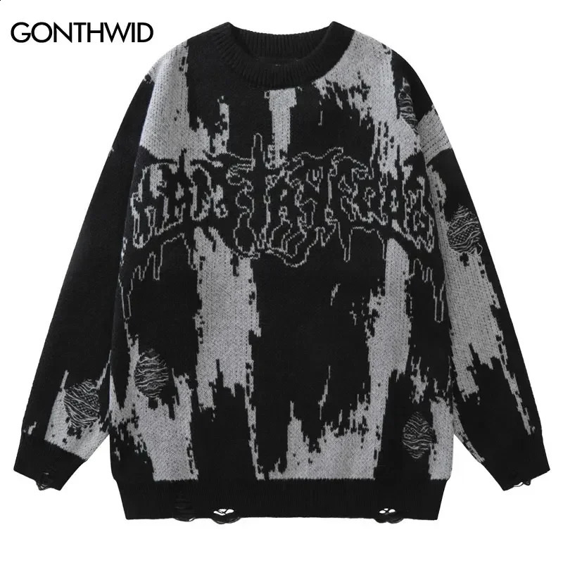 Hip Hop Ripped Sweaters Grunge Y2K Retro Knitted Punk Gothic Streetwear Jumper Mens Harajuku Fashion Pullover 240829