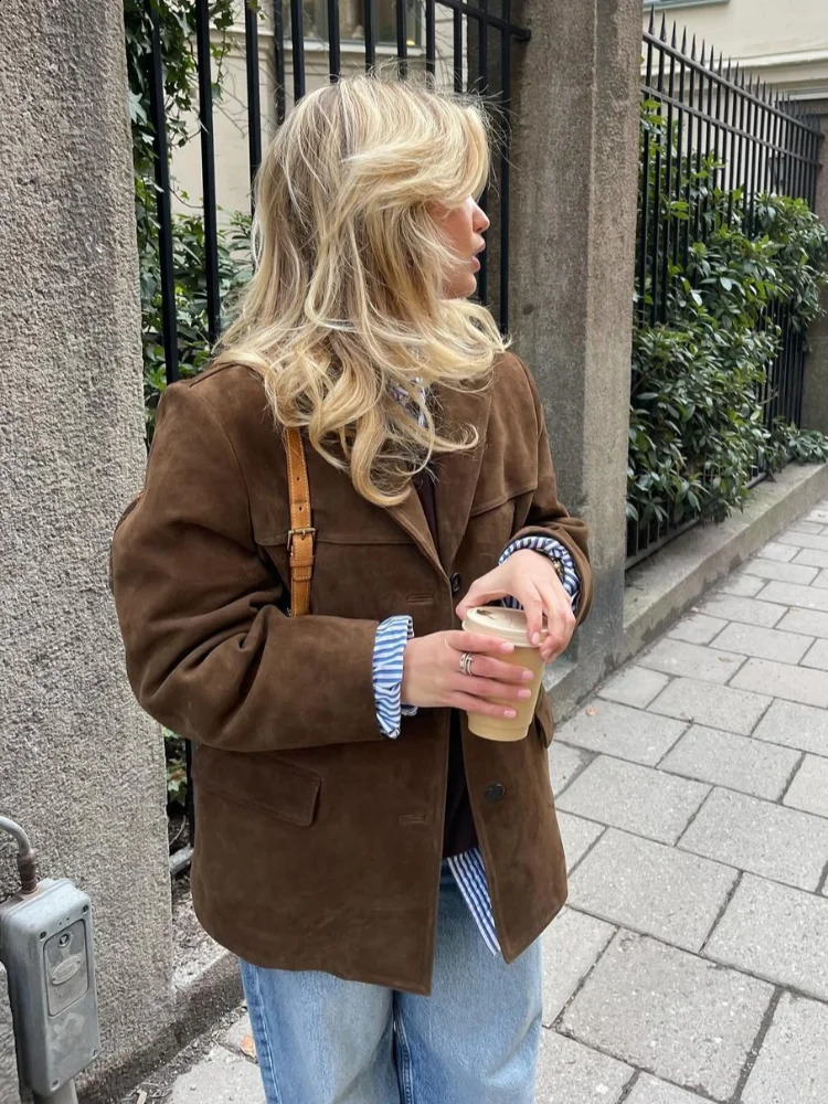 Womens chic brown casual suede jacket with collar long sleeves single chest pocket autumn solid office womens commuting top 240830