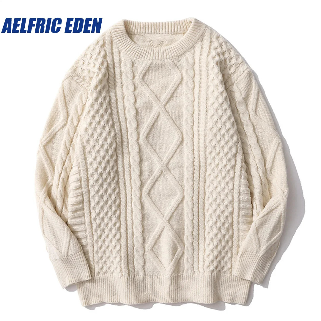 Aelfric Eden solid color woven pattern knitted sweater Y2K streetwear hip-hop sweater autumn Harajuku fashion retro casual sweater 240829
