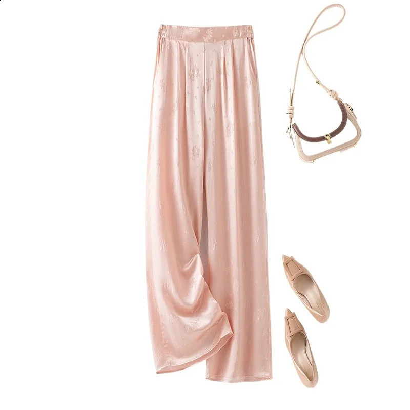Womens Fashion Summer Pink 50% Natural Mulberry Silk Crown Satin Jacquard Pocket n Casual Wide Leg Pants 240827