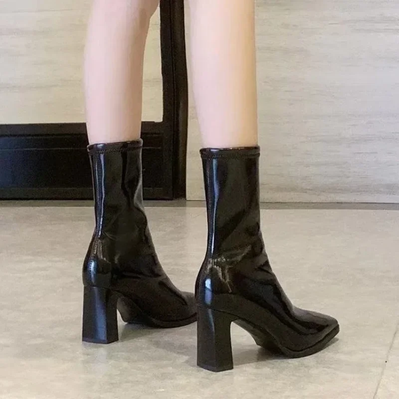 Women Patent Leather White Ankle Boots Women Autumn Fashion Slip on High Heels Boot Woman Pointed Toe Thick Heeled Short Booties