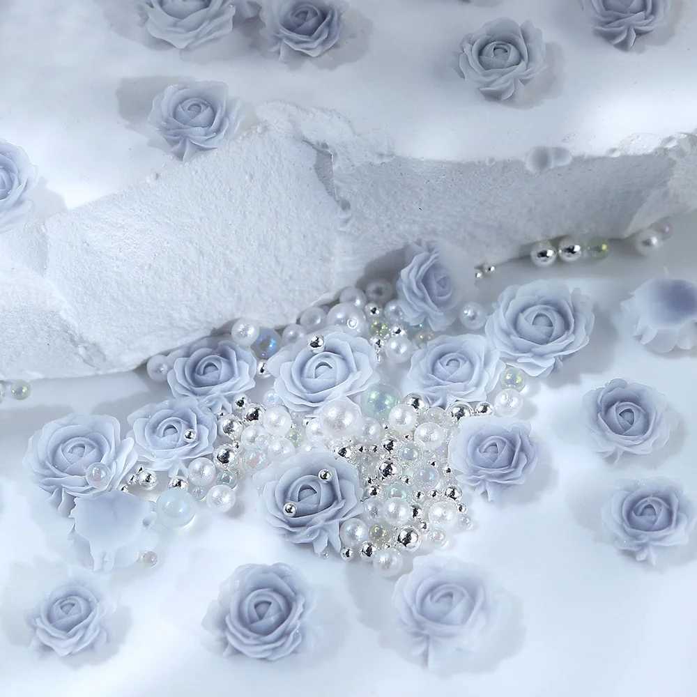 30 pieces/bag Rose Design Nail Charm 3D Mixed Pearl Bead Water Diamond Round Flower Nail Decoration Romantic Valentines Day Supplies W240829