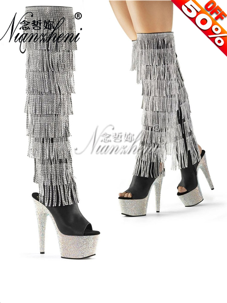 Gothic Exotic Heels 17cm Platform Boots Fringe Party Sexy Fetish Shoes Women Gothic Strip Pole Dance Models Nightclub Rhinestone