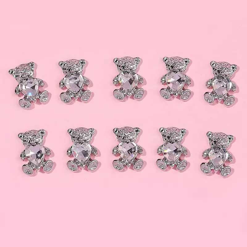 10 Cute Bear Rhinestone Nail Heart shaped Crystal 3D Nail Art Charm DIY Handmade Decoration W240829