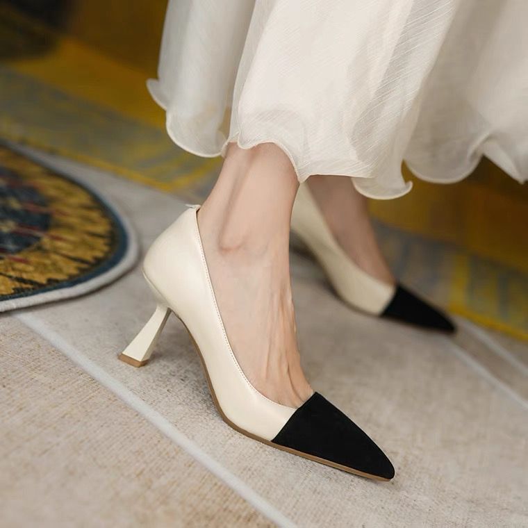 Women Pumps Pointed Toe Boat Shoes High Heels Dress Shoes Black Toe Patchwork Pump Ol Office Lady Shoes Zapatos Mujer 9449N