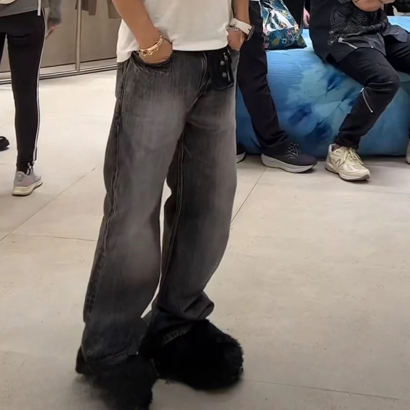 Black Gray Washed Casual Baggy Jeans for Men and Women Straight Loose Oversized Cargos Hip Hop Frayed Hole Denim Trousers 240826Z