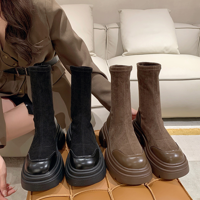 Women Fashion Stretch Patchwork Platform Ankle Boots Women Autumn Thick Sole Slip on Sock Boots Woman Chunky Heels Botas Mujer