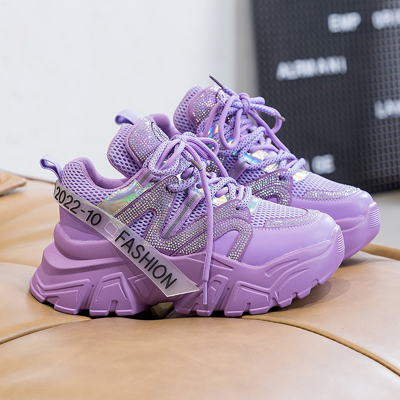 High Quality Women Chunky Sneakers 2024 Fashion Purple Sport Shoes Luxury Bling Rhinestone Women's Casual Tennis Shoes Ladies PU