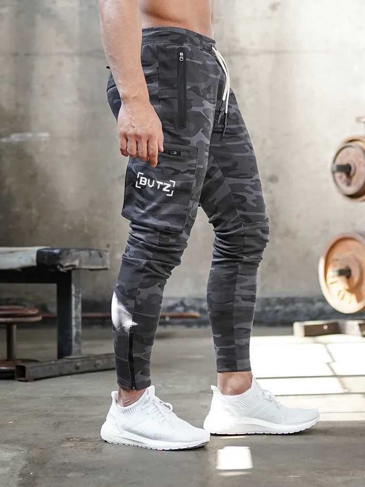 European and American sports cargo pants mens camouflage fitness sports pants running training pants mens fashion zipper Trousers W240829