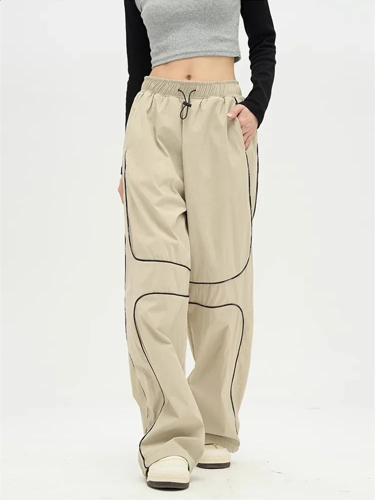Womens retro Y2K striped reflective black sports pants with oversized wide legs for Trousers 240827