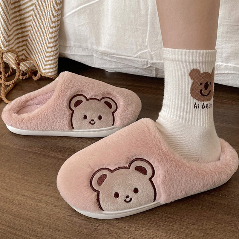 Comwarm Cute Animal Fur Slipper For Women Men Fashion Kawaii Fluffy Winter Warm Slippers Lovers Cartoon Teddy Bear House Shoes