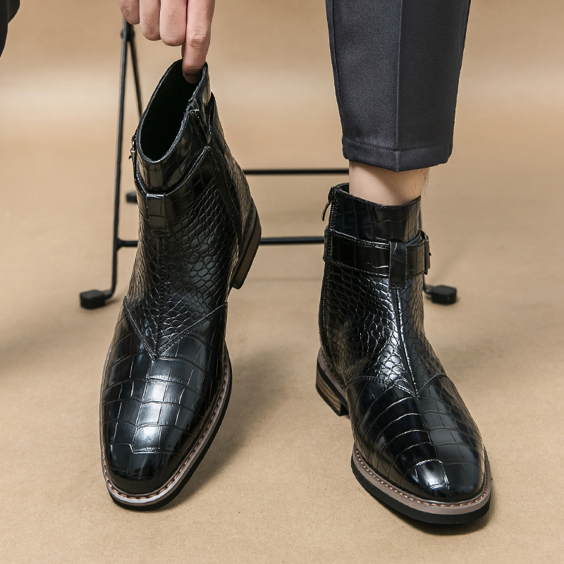 Crocodile Dress Pattern Pointed Toes Casual Leather Men Fashion High Top Boots Party Mes Shoes 079e