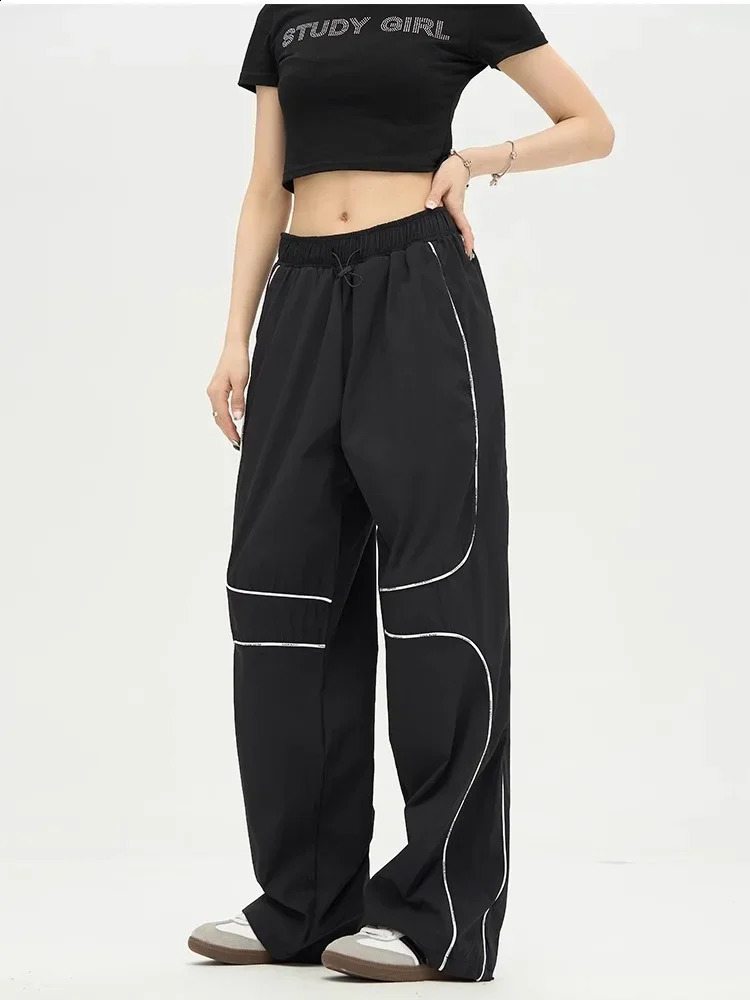 Womens retro Y2K striped reflective black sports pants with oversized wide legs for Trousers 240827