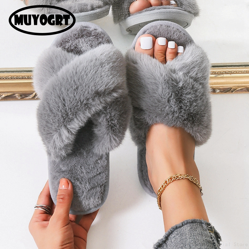 Winter 2023 Women Home Indoor Casual Fuzzy Female Flip ps Fluffy Shoes Cross Slides New Ladies Soft Plush Furry Slippers 0453