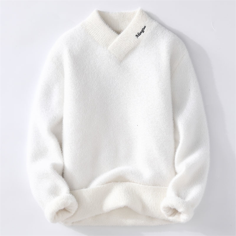 mens autumn and winter high-quality warm sweater/mens ultra-thin FitV collar embroidery white letter casual latte art 240829