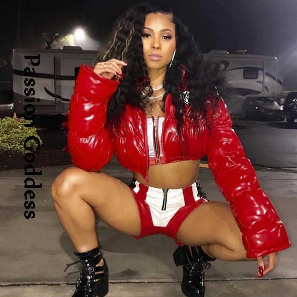 Women's Down Parkas Women Shiny PU Camouflage Puffer Jacket Winter Camo Bubble Coats Zip Paisley Leather Patchwork Parkas Down Both Side Wear Y24