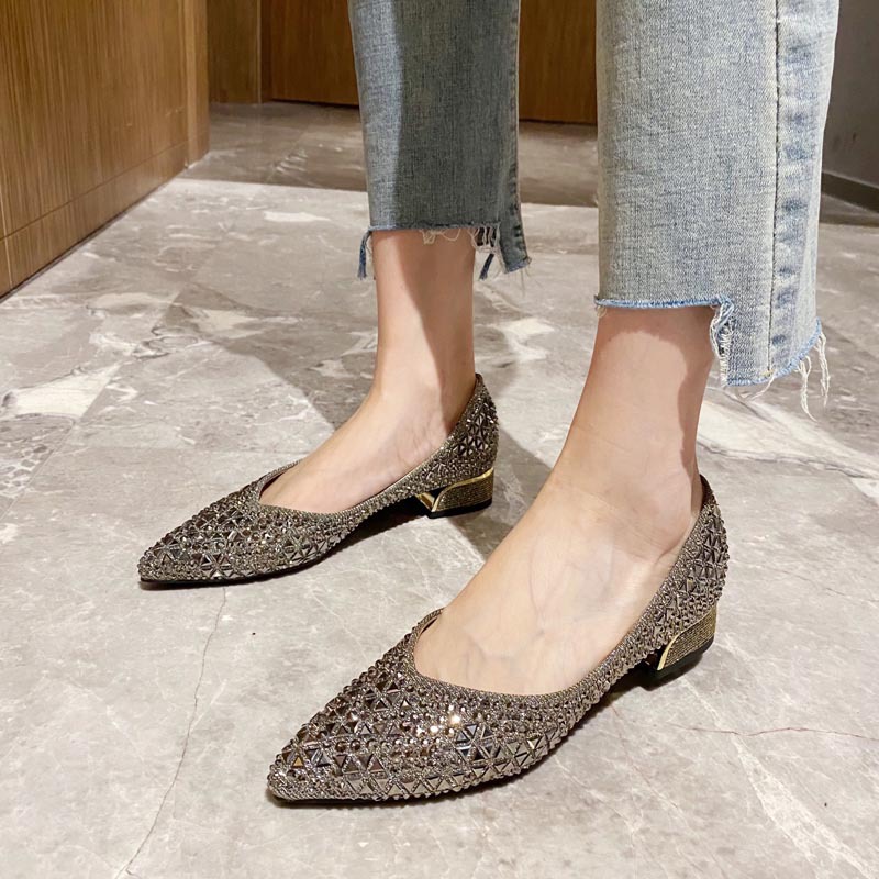 Ladies 9c2d6 Heels 3/5cm Med-High Glitter Rivet Pumps Black&Gold Dia Loafers Women Pointed Toe Wedding Dress Shoes Female