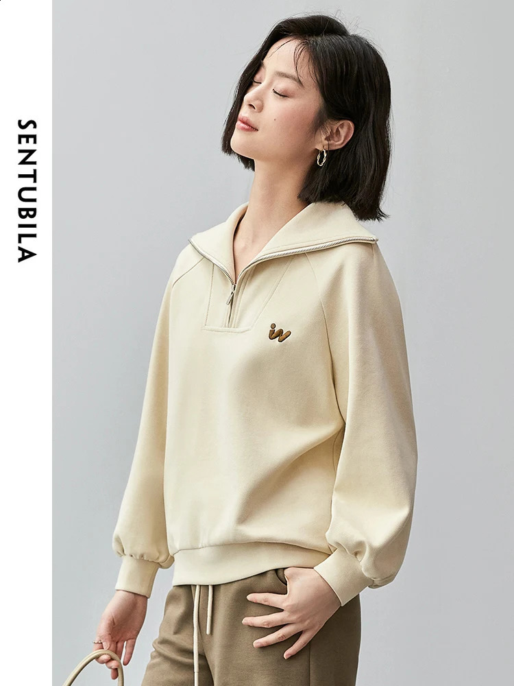 SENTUBILA Womens Casual Cotton Sweatshirt Autumn Straight Letter Embroidered Solid Half Open Collar Coat 143A55822 240827