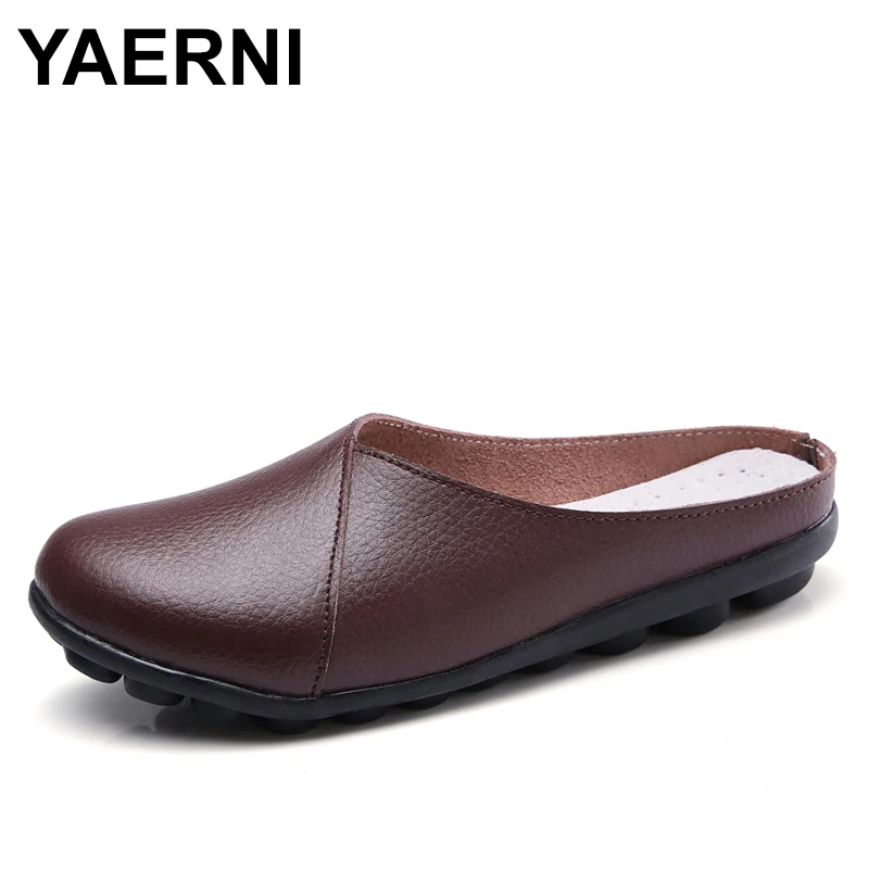 YAERNI Plus Size Flat Shoes Fashion Mules Womens Leather Split Slip On Flip Flops Women's Slippers Shoe SlidesE1302