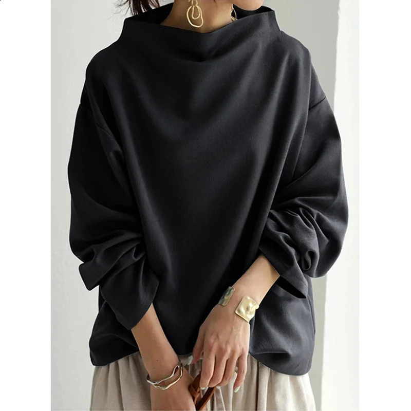 Jennifer black solid color loose long sleeved high neck sweater suitable for casual and simple occasions when going out 240827