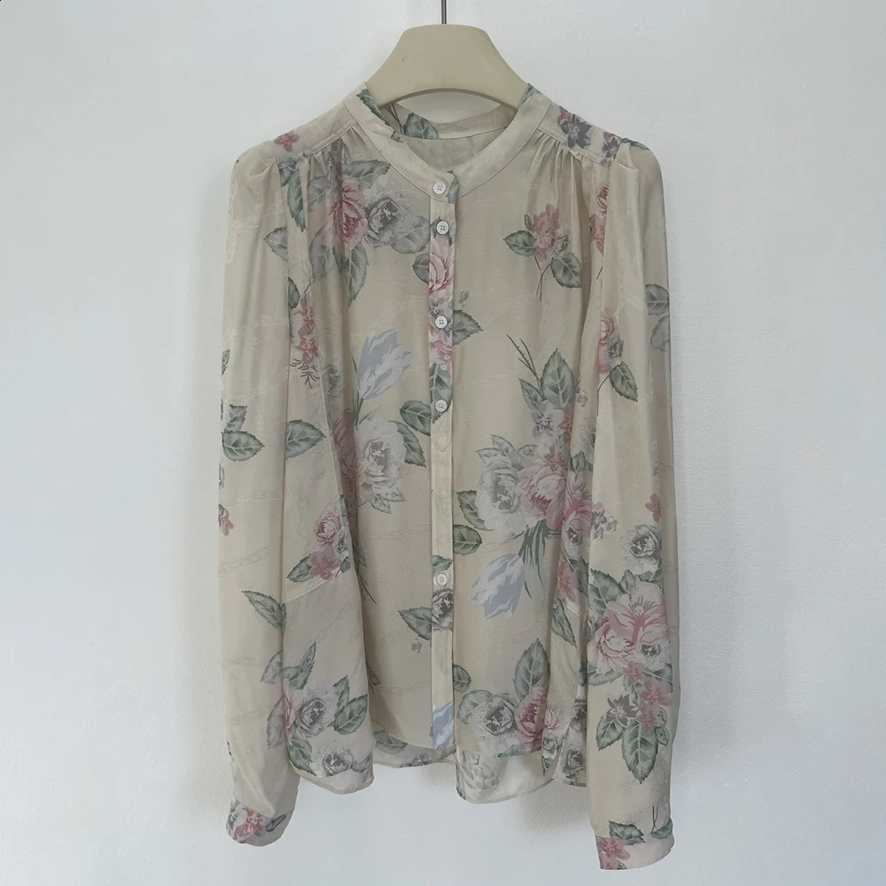 ZESSAM Flower Letter Graphic Print Women Shirt Summer VNeck Long Sleeve Buttons Lady Pullover Classic Casual Femme Top 240827