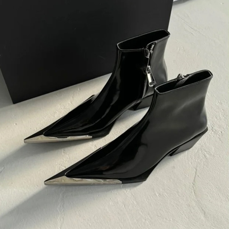 Spring Autumn New British Style Thick High Heels Pointed Toe Metal Decoration Patent Leather Women Ankle Short Chelsea Boots