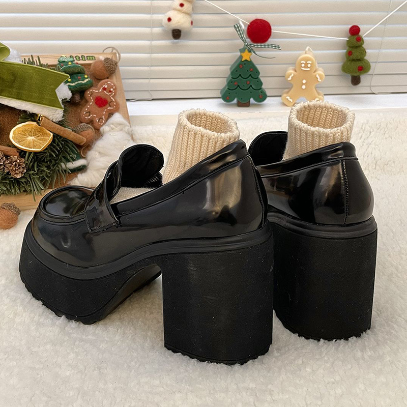 Gothic Chunky High Heels Pumps for Women 2024 Spring Patent Leather Platform Loafers Woman Black Thick Heeled Jk Lolita Shoes
