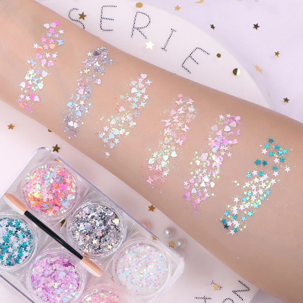 6 cans/set Eyeshadow glitter gel hair body nail glitter gel heart-shaped star moon pine sequins holiday makeup decoration 240829