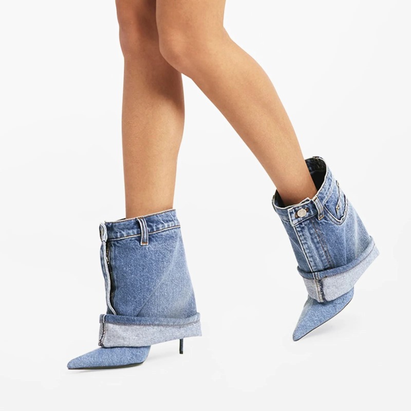 Blue Denim Slim Cuffed Short Rivet Pocket Design Pointed Toe Metal Buckle High Heel Fashion Large Size 45 Women Boots