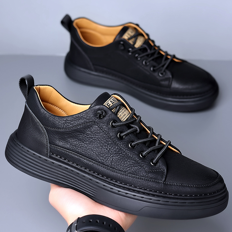 Retro Summer British Casual Italian Handmade Brand Cow Leather Black Sneakers Outdoor Walk Skateboard Shoes Men 3a5b