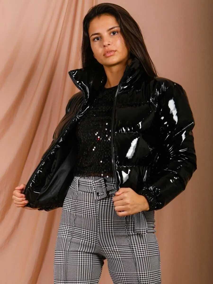 Women's Down Parkas Autumn Winter Women Bright PU Puffer Jackets Warm Bubble Coat Down Parka Outcoat Zipper Jacket Cute Cropped Parka XXL Y240824