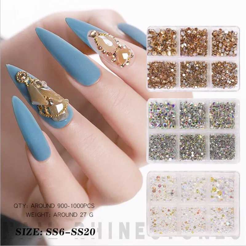 1 box of crystal nail art rhinestones gold and silver transparent full-color flat bottom mixed shape DIY nail art 3D decoration W240829