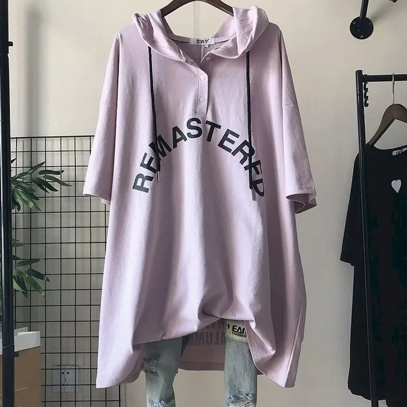 Oversized womens hoodie medium length short sleeved Tshirt summer Korean style loose casual 240827