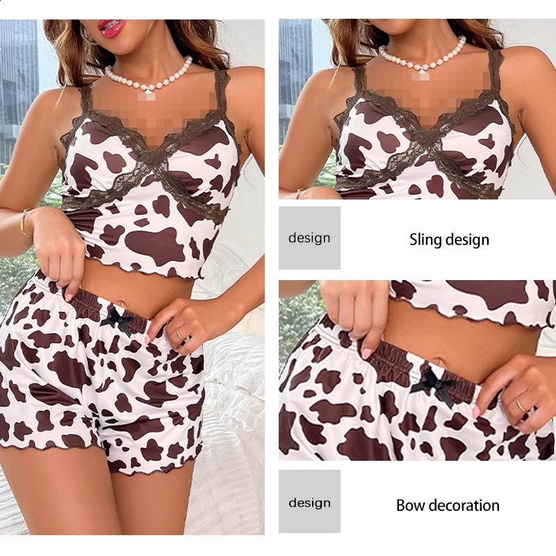 womens printed sleeveless V-neck camouflage lace spaghetti strap top with shorts pajama set 240829