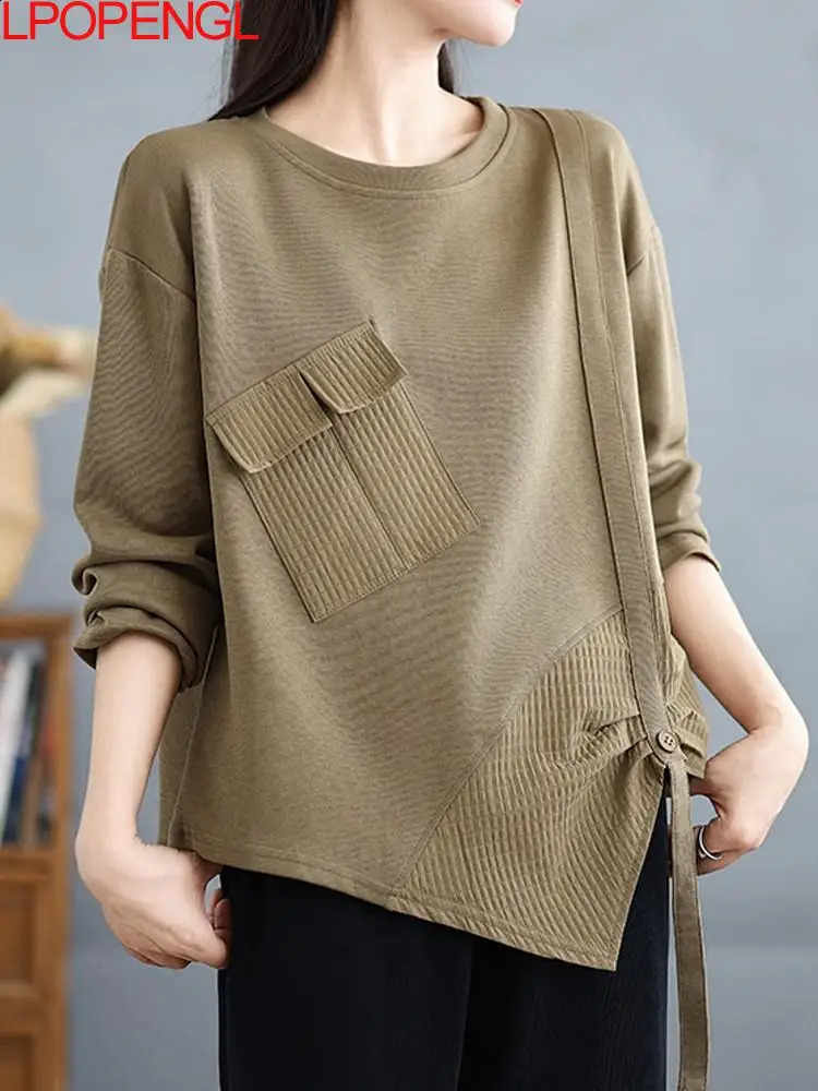 Fashionable womens Korean solid color irregular long sleeved sportswear Tshirt autumn edition loose zipper Oneck retro top 240827