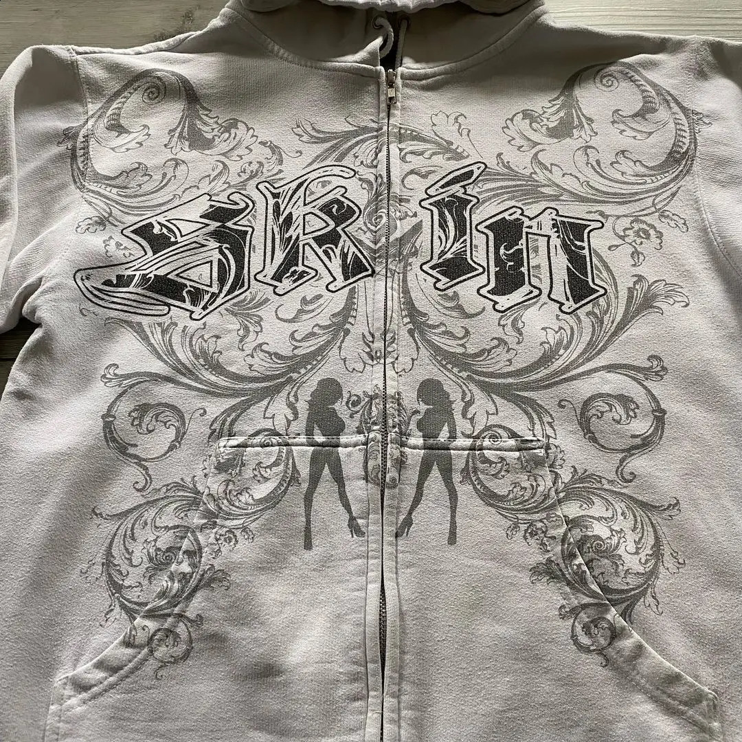 Gothic Trend Letter Pattern Printed Zipper Hoodie Mens Summer American Street Hip Hop Rap Costume Y2K Girl Style Top 240829