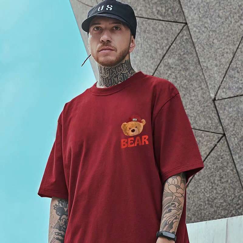 New trendy T-shirt, loose little bear pullover for couples, chubby oversized men's summer quarter sleeved wine red