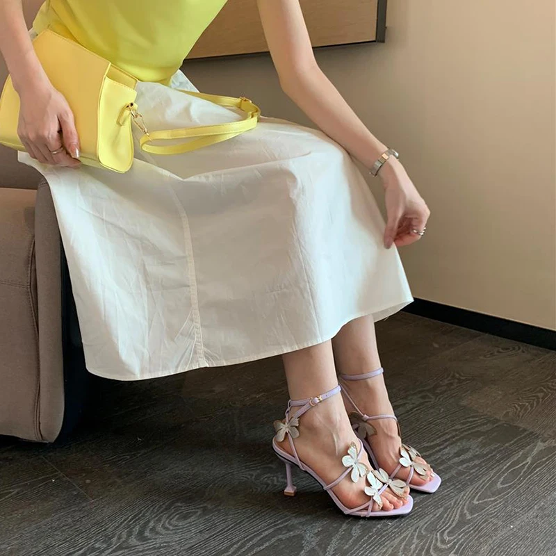 2025 new Butterfly Purple High Heeled Women Summer Casual Square Toe Sandals Woman Thin Heels Ankle Straps Party Shoes 5fd1
