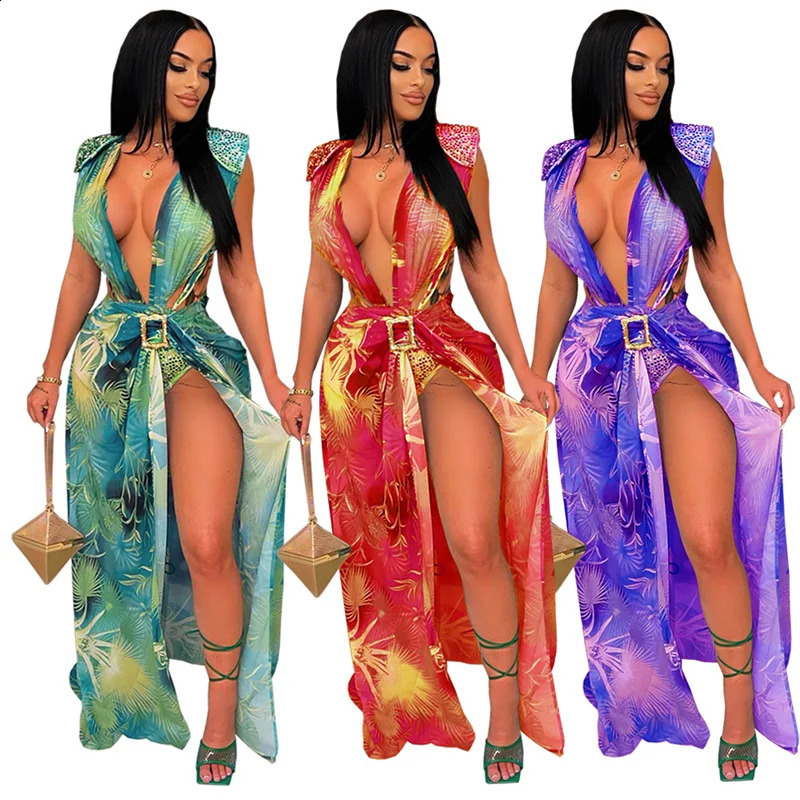 Leaf Print Two Piece Set Women Party Dress Clubwear Bodysuit Top and Split Maxi Skirt Sets Summer Holiday Beach Birthday Outfits 240829