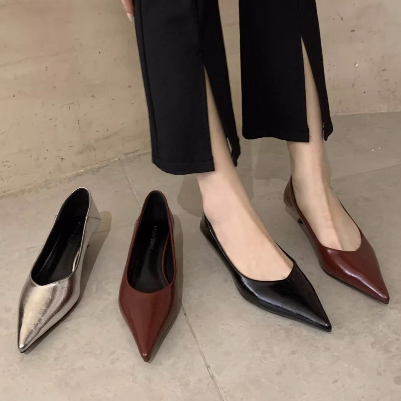 New Women's Boat Shoes Pointed Toe Pumps Kitten Heel Dress Shoes Silver Office Work Shoes for Female Black Spring Autumn 1579N